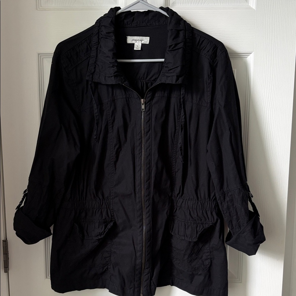 Dressbarn Black Utility Jacket with Ruffle Collar